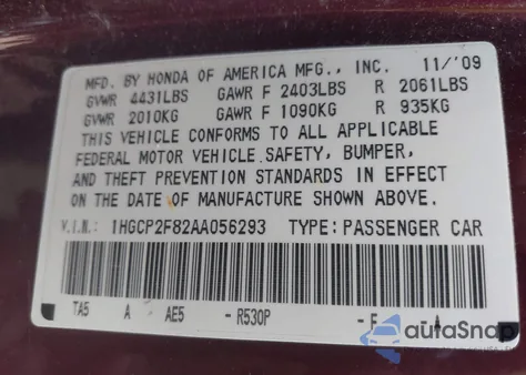 2010 Honda Accord 2.4 Ex-L from USA, damaged, VIN 1HGCP2F82AA056293